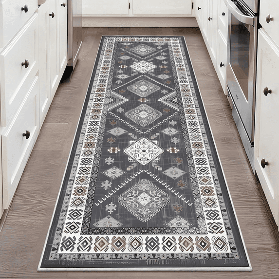 TECHVIDA 2'x6' Hallway Runner Rug Boho,Non Slip Machine Washable Rugs for Hallway Kitchen,Dark Grey