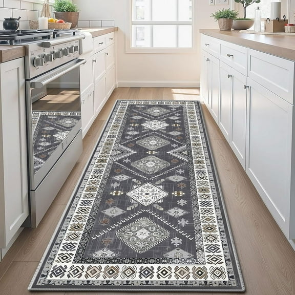 TECHVIDA 2'x6' Hallway Runner Rug Boho,Non Slip Machine Washable Rugs for Hallway Kitchen,Dark Grey