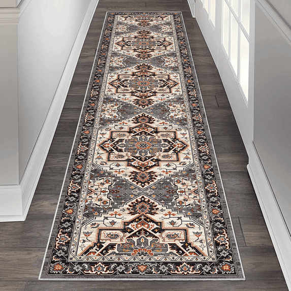 TECHVIDA 2x8 ft Runner Rug,Vintage Runner Rugs for Hallway, Runner Rugs non Slip with Rubber Backing, Machine Washable, Bedroom, Kitchen and Corridor Entryway Floor Carpet, Brownish Black