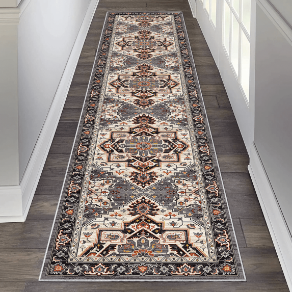 TECHVIDA 2x8 ft Runner Rug,Vintage Runner Rugs for Hallway,Runner Rugs non Slip with Rubber Backing,Machine Washable,Bedroom,Kitchen and Corridor Entryway Floor Carpet, Brownish Black