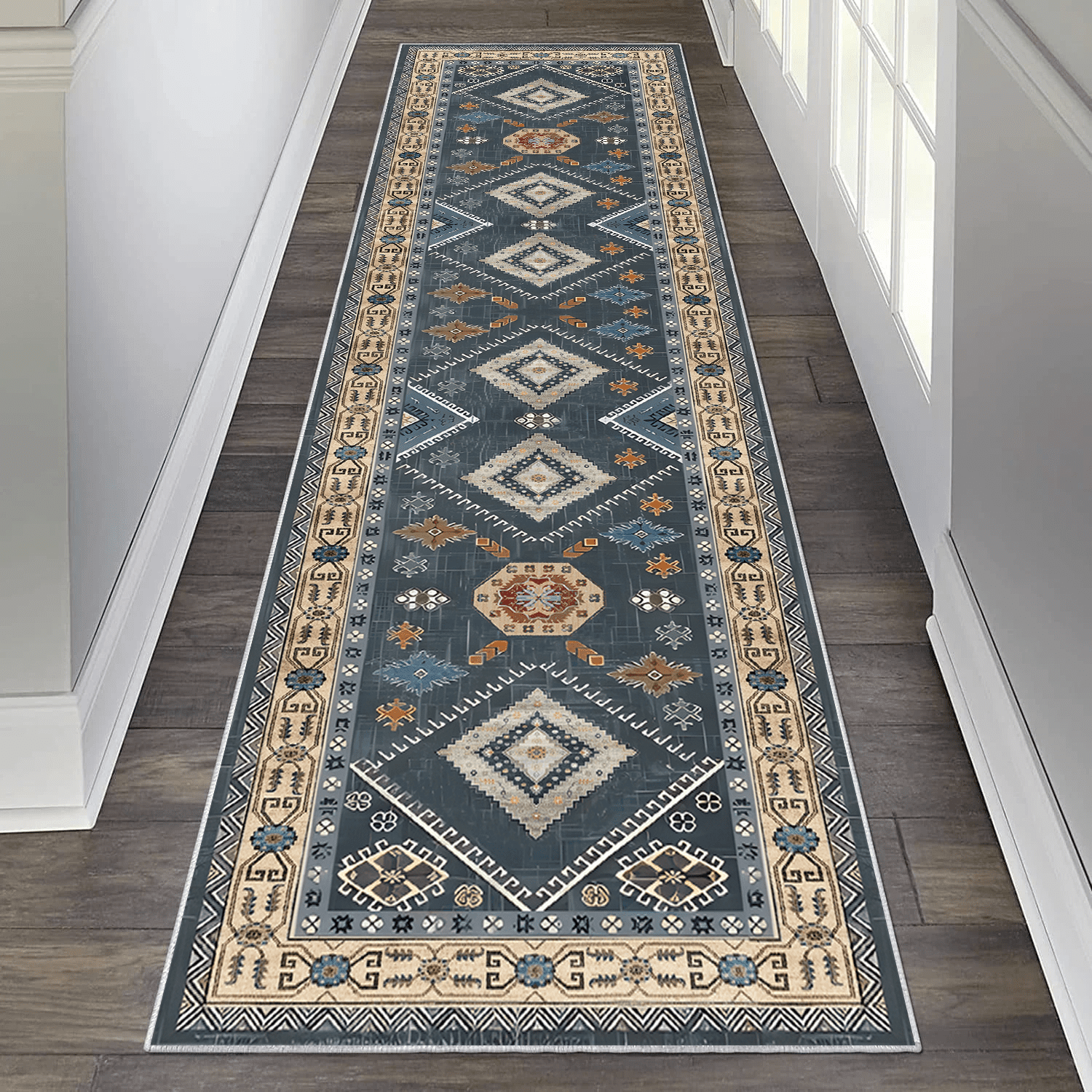TECHVIDA 2'x8' Hallway Runner Rug Boho,Non Slip Machine Washable Rugs for Hallway Kitchen,Dark Blue