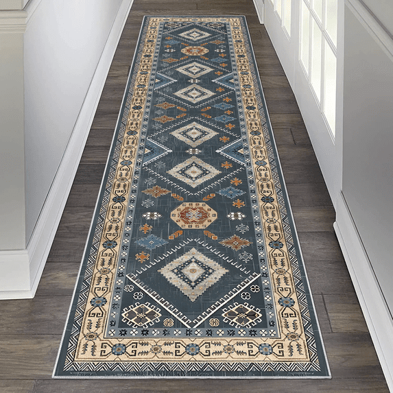 TECHVIDA 2'x8' Hallway Runner Rug Boho,Non Slip Machine Washable Rugs for Hallway Kitchen,Dark Blue