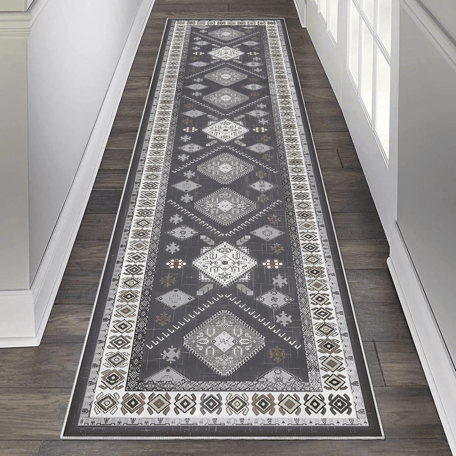 TECHVIDA 2'x8' Hallway Runner Rug Boho,Non Slip Machine Washable Rugs for Hallway Kitchen,Dark Grey