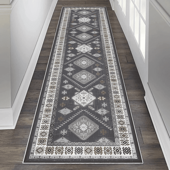 TECHVIDA 2'x8' Hallway Runner Rug Boho,Non Slip Machine Washable Rugs for Hallway Kitchen,Dark Grey
