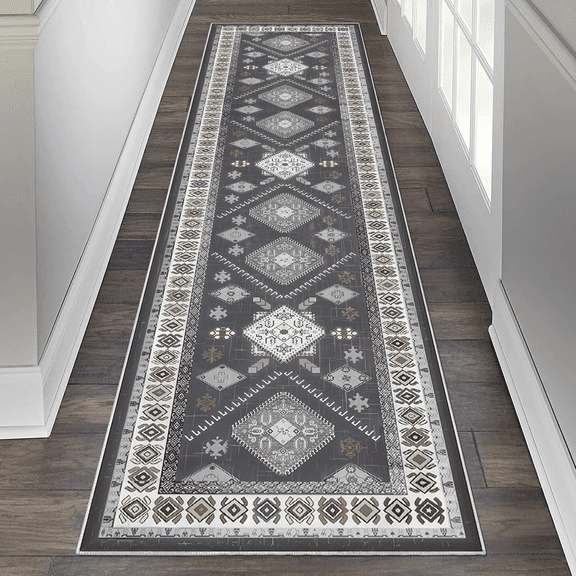 TECHVIDA 2'x8' Hallway Runner Rug Boho,Non Slip Machine Washable Rugs for Hallway Kitchen,Dark Grey