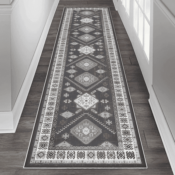 TECHVIDA 2x8 ft Runner Rug,Vintage Runner Rugs for Hallway,Non Slip Entryway Mat with Rubber Backing, Machine Washable, Bedroom, Kitchen and Corridor Entryway Floor Carpet, Dark Grey