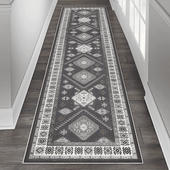TECHVIDA 2x8 ft Runner Rug,Vintage Runner Rugs for Hallway,Non Slip Entryway Mat with Rubber Backing,Machine Washable,Bedroom,Kitchen and Corridor Entryway Floor Carpet, Dark Grey