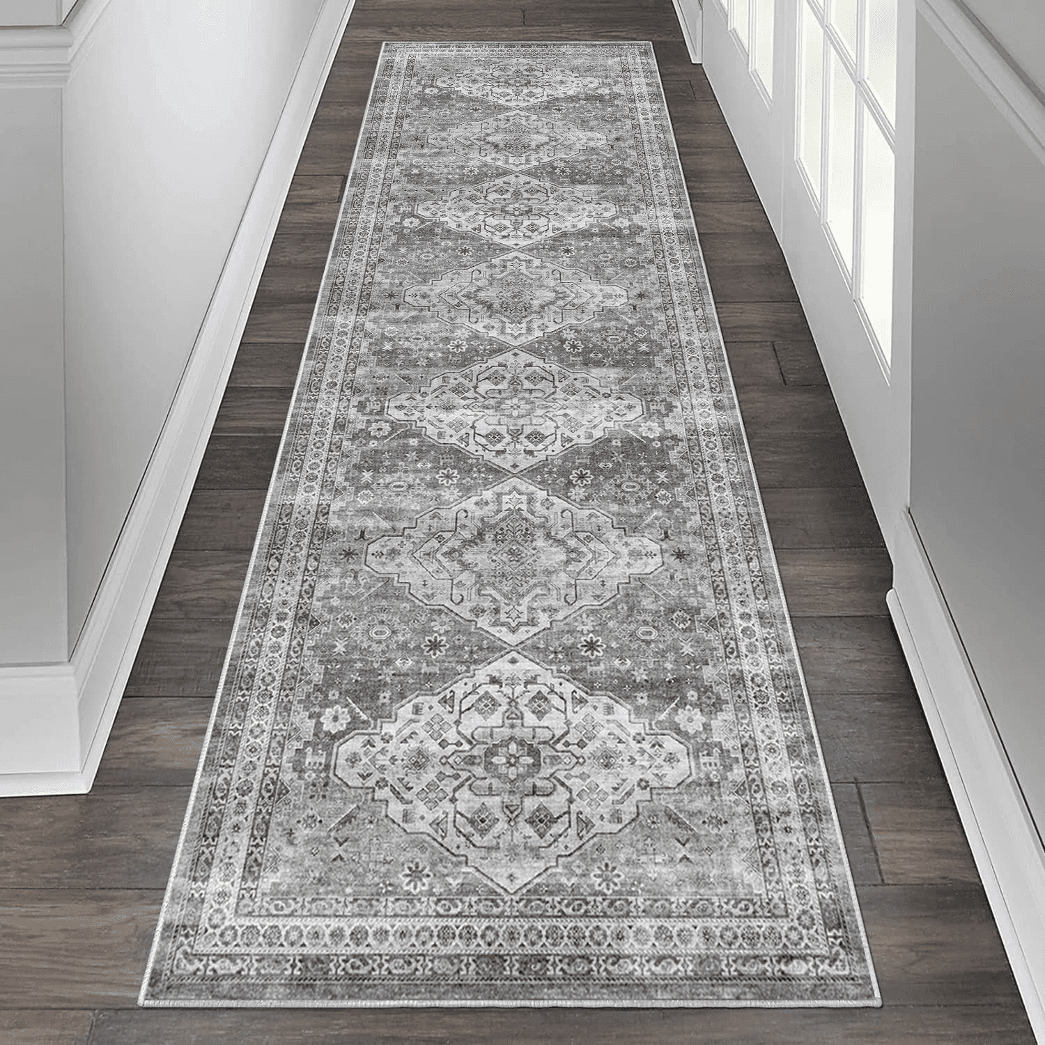 TECHVIDA 2'x8' Hallway Runner Rug Boho,Non Slip Machine Washable Rugs for Hallway Kitchen,Grayish Beige