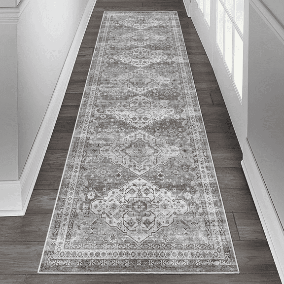 TECHVIDA 2x6 ft Runner Rug,Vintage Runner Rugs for Hallway, Runner Rugs non Slip with Rubber Backing,Machine Washable,Bedroom,Kitchen and Corridor Entryway Floor Carpet, Grayish Beige