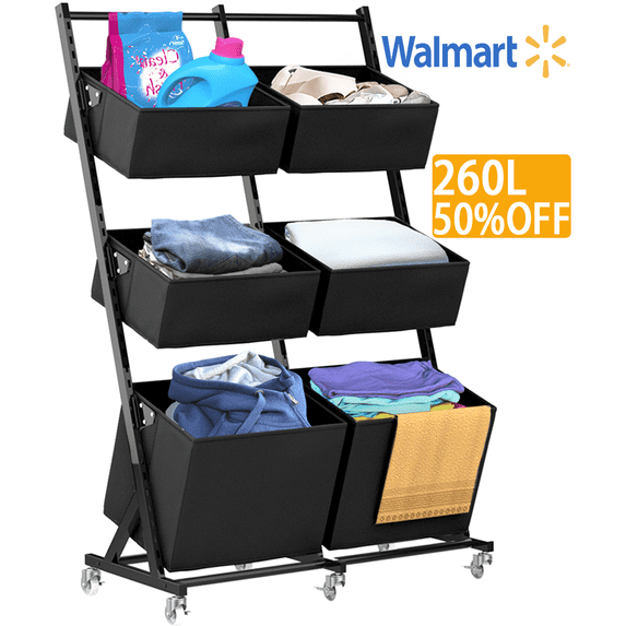 TECHVIDA 3 Tier Metal Rolling Laundry Basket Cart, Adjustable Freestanding Laundry Hamper with 6 Storage Baskets, Laundry Clothes Storage Cart