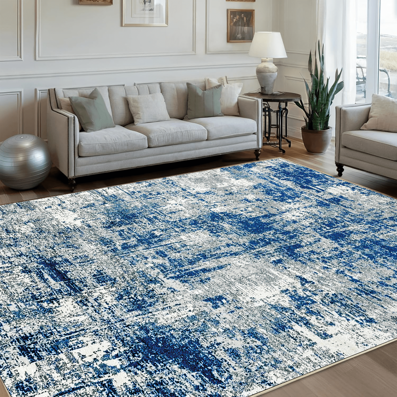 TECHVIDA Area Rug 4x6,Modern Abstract Rug,Machine Washable for Living Room Rugs, Foldable Nonslip Indoor Carpet,Bedroom Living Room-Blue