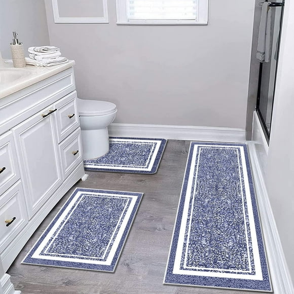 TECHVIDA Bathroom Rugs 3pcs Set,Non-Slip Ultra Soft Bath Rugs,Water Absorbent,Machine Washable,Dark Blue