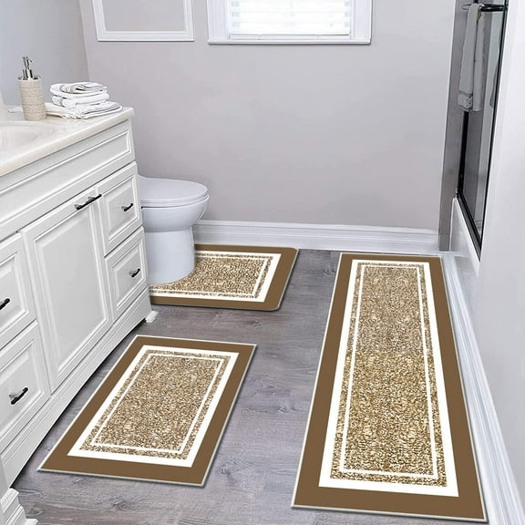 TECHVIDA Bathroom Rugs 3pcs Set,Non-Slip Ultra Soft Bath Rugs,Water Absorbent,Machine Washable,Dark Beige