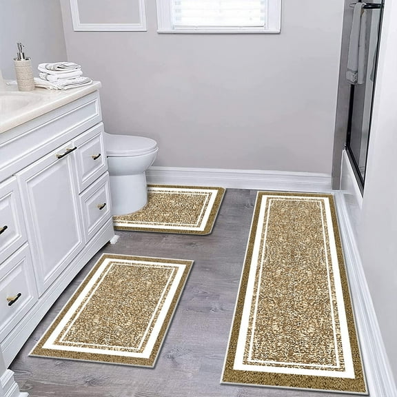 TECHVIDA Bathroom Rugs 3pcs Set,Non-Slip Ultra Soft Bath Rugs,Water Absorbent,Machine Washable,Dark Beige