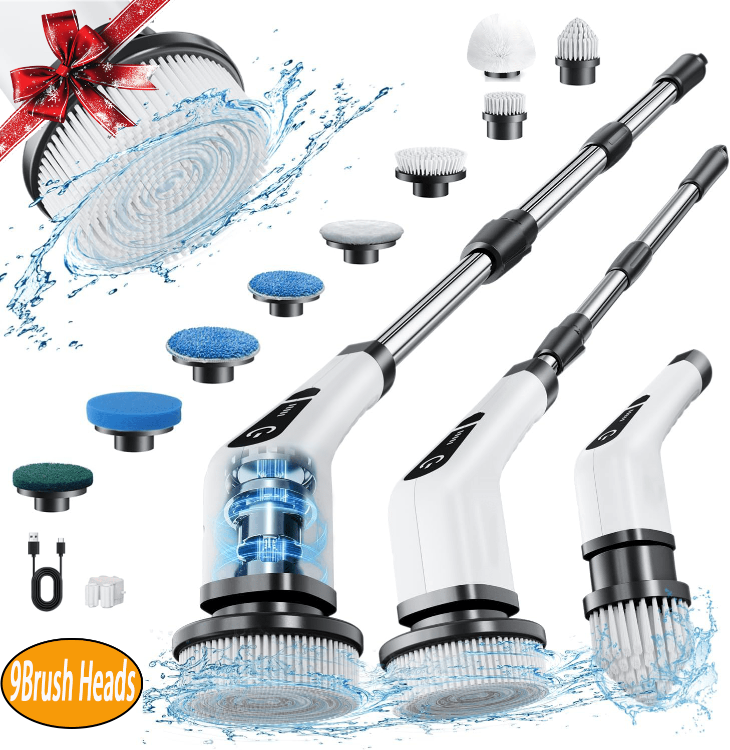 TECHVIDA Adjustable Turbo Electric Spin Scrubber with 9 Brush Heads,400r/Min Speed for Bathroom