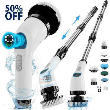 TECHVIDA Electric Spin Scrubber,Cordless Cleaning Brush, Extendable Handle, 7 Replaceable Heads,White
