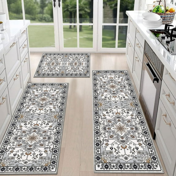 TECHVIDA Kitchen Rug Set 3 Piece,Non Slip Machine Washable Kitchen Mats,Boho Farmhouse Hallway Doormat for Home Decor