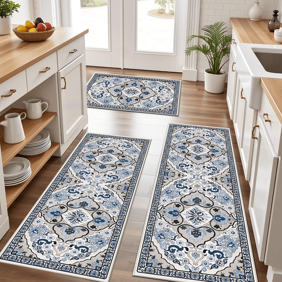 TECHVIDA Kitchen Rug Set 3 Piece,Non Slip Machine Washable Kitchen Mats,Boho Farmhouse Hallway Doormat for Home Decor