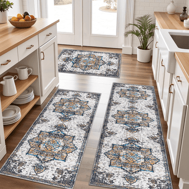 TECHVIDA Kitchen Rugs 3 Piece Set,Kitchen Mats for Floor Non-Slip Machine Washable, Boho Farmhouse Hallway Doormat for Holiday