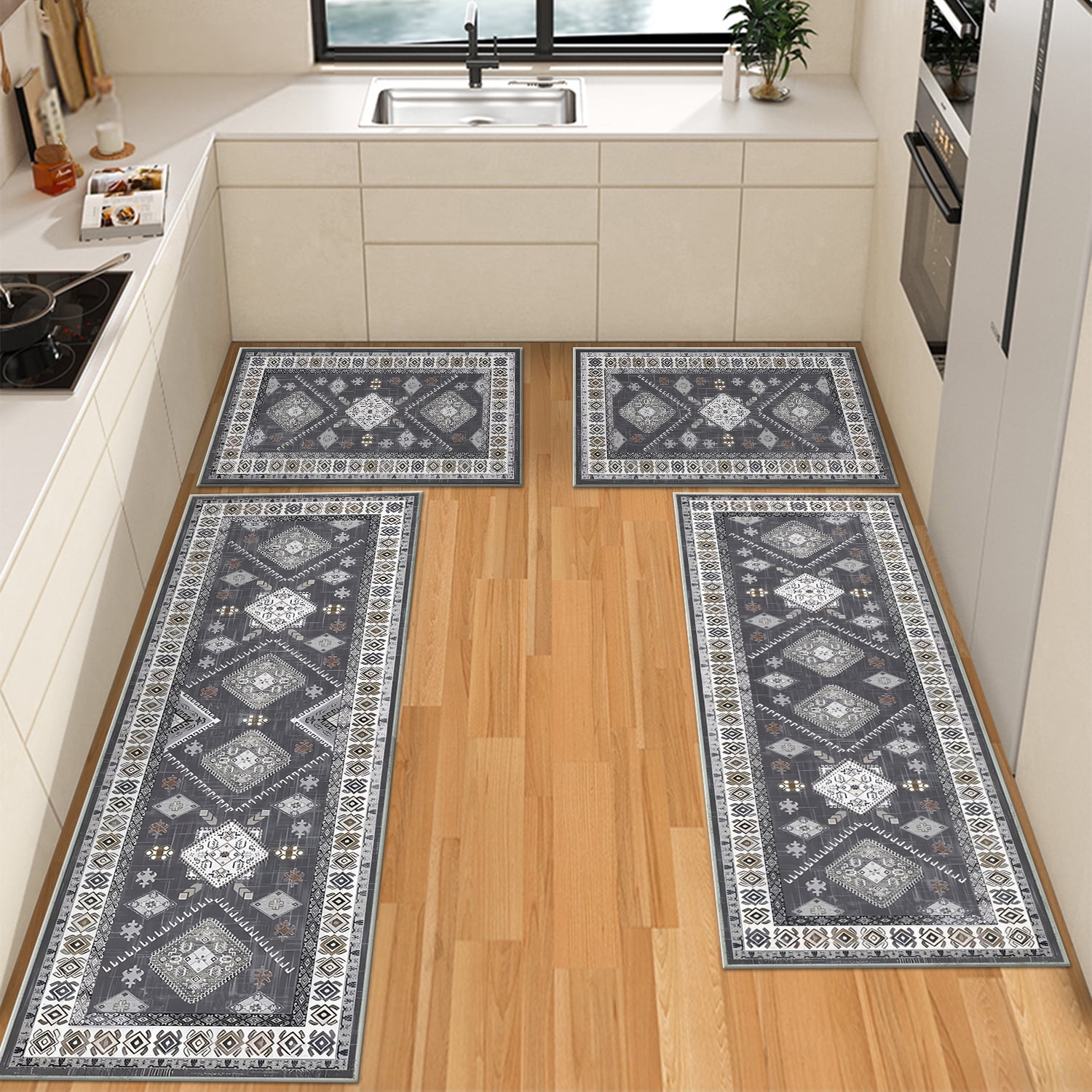 TECHVIDA Kitchen Rugs 4 Piece,kitchen mats for floor,Non-Slip Machine Washable Rugs,Boho Vintage Kitchen Mat for Hallway Laundry Room Sink