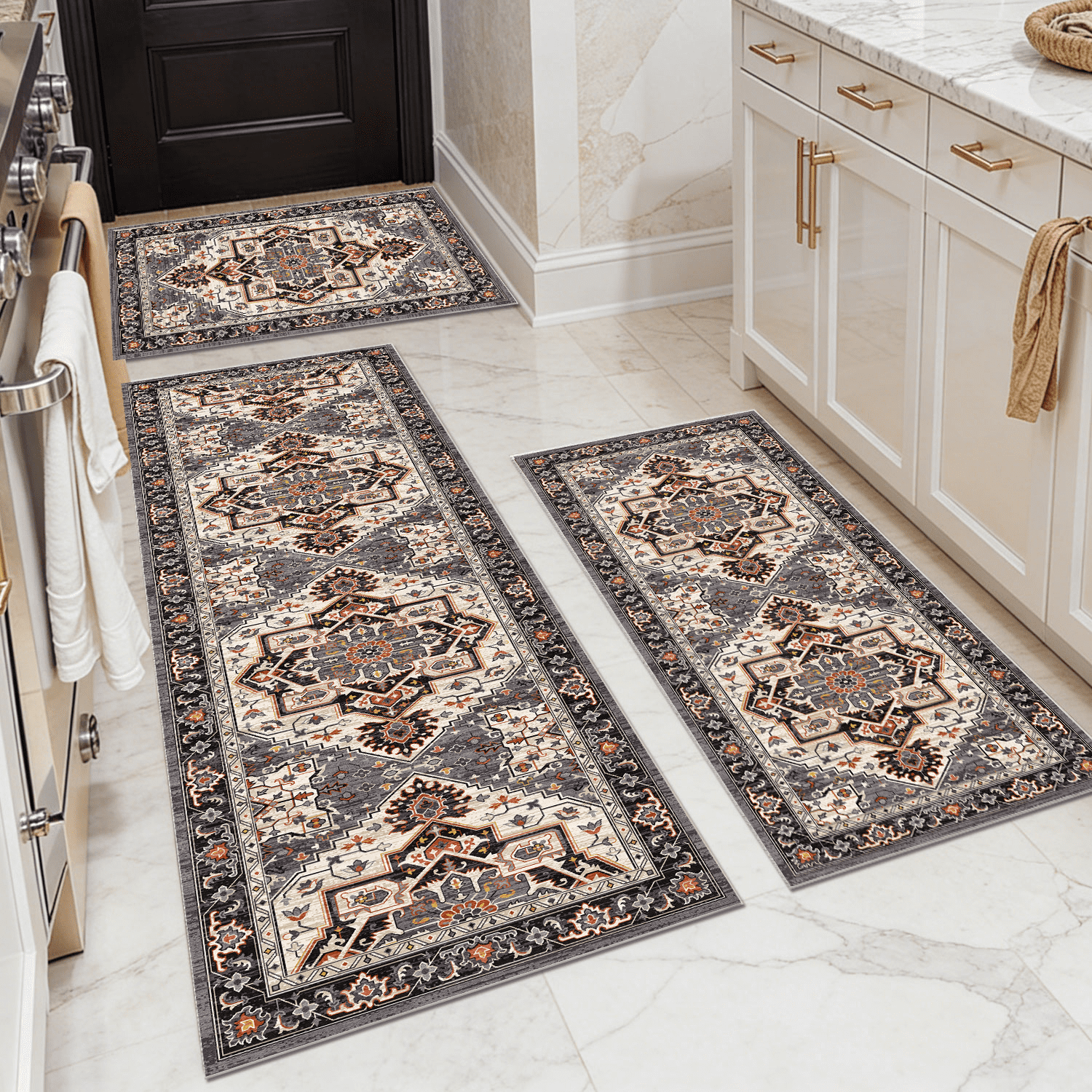 TECHVIDA Kitchen Rugs 3 Piece Set,Non Slip Machine Washable Kitchen Mats,Boho Vintage Abstract Kitchen Carpet for Farmhouse Living Room Hallway