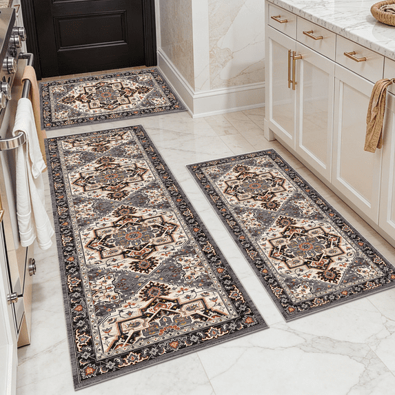 TECHVIDA Kitchen Rugs 3 Piece Set,Non Slip Machine Washable Kitchen Mats,Boho Vintage Abstract Kitchen Carpet for Farmhouse Living Room Hallway