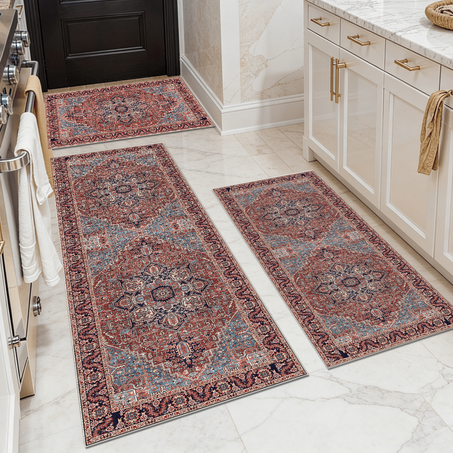TECHVIDA Kitchen Rugs 3 Piece Set,Non Slip Machine Washable Kitchen Mats,Boho Vintage Abstract Kitchen Carpet for Farmhouse Living Room Hallway