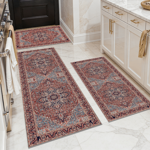 TECHVIDA Kitchen Rugs 3 Piece Set,Non Slip Machine Washable Kitchen Mats,Boho Vintage Abstract Kitchen Carpet for Farmhouse Living Room Hallway