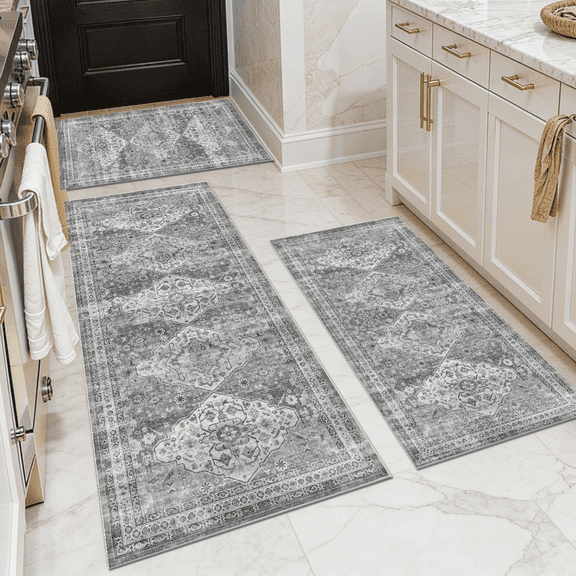 TECHVIDA Kitchen Rugs 3 Piece Set,Non Slip Machine Washable Kitchen Mats,Boho Vintage Abstract Kitchen Carpet for Farmhouse Living Room Hallway
