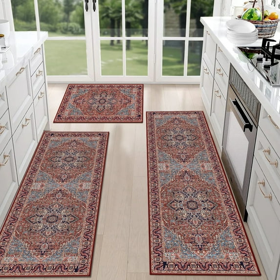 TECHVIDA Kitchen Rugs 3 Piece Set,Non Slip Machine Washable Kitchen Mats,Boho Vintage Abstract Kitchen Carpet for Farmhouse Living Room Hallway