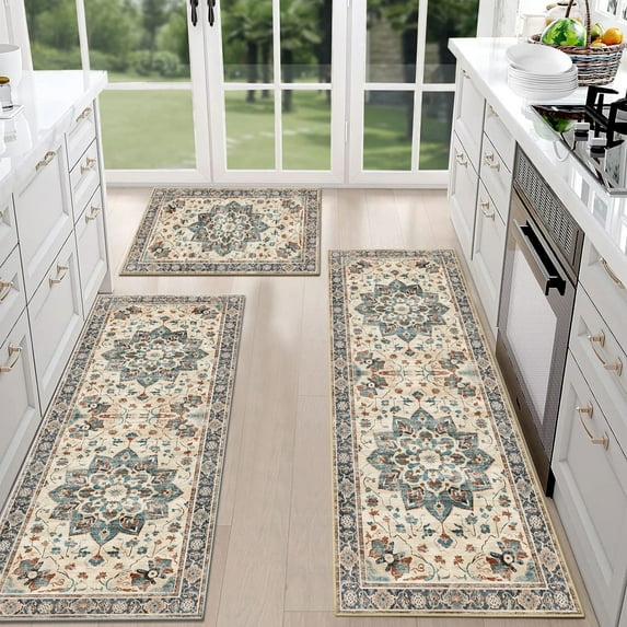 TECHVIDA Kitchen Rugs 3 Piece Set,Non Slip Machine Washable Kitchen Rug,Boho Vintage Abstract Kitchen Carpet for Hallway Rug