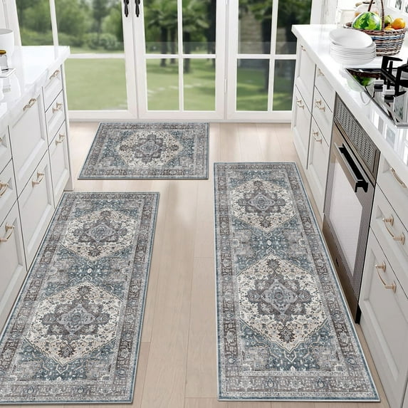 TECHVIDA Kitchen Rugs Set 3 Piece,Non Slip Machine Washable Kitchen Rug,Boho Vintage Abstract Kitchen Carpet for Hallway Rug