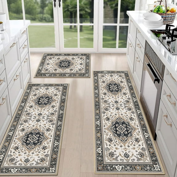 TECHVIDA Kitchen Rugs 3 Piece Set,Non Slip Machine Washable Kitchen Rug,Boho Vintage Abstract Kitchen Carpet for Hallway Rug