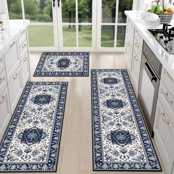 TECHVIDA Kitchen Rugs 3 Piece Set,Non Slip Machine Washable Kitchen Rug,Boho Vintage Abstract Kitchen Carpet for Hallway Rug