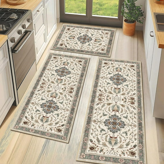 TECHVIDA Kitchen Rugs 3 Piece Set,Non Slip Machine Washable Kitchen Rug,Boho Vintage Abstract Kitchen Carpet for Hallway Rug