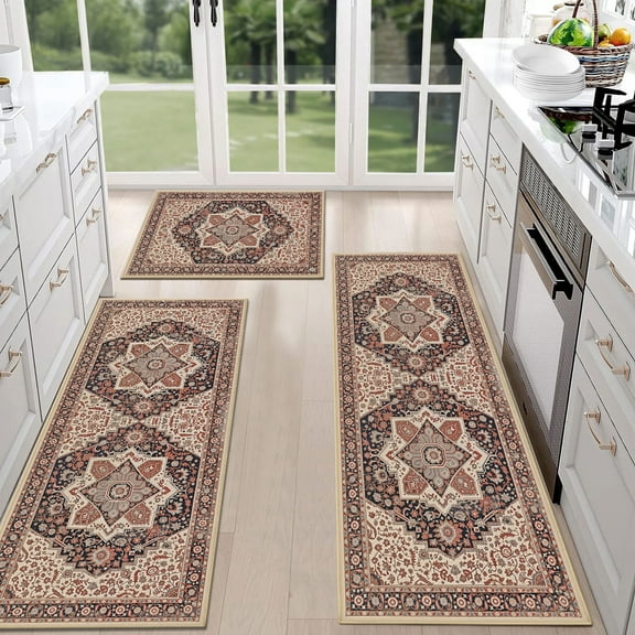 TECHVIDA Kitchen Rugs 3 Piece Set,Non Slip Machine Washable Kitchen Rug,Boho Vintage Abstract Kitchen Carpet for Hallway Rug