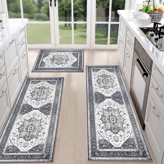 TECHVIDA Kitchen Rugs 3 Piece Set,Non Slip Machine Washable Kitchen Mats,Boho Vintage Abstract Kitchen Carpet for Farmhouse Living Room Hallway