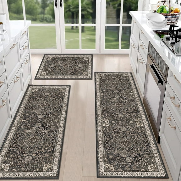TECHVIDA Kitchen Rugs 3 Piece Set,Non Slip Machine Washable Kitchen Mats,Boho Vintage Kitchen Carpet for Farmhouse Living Room Hallway Laundry Room