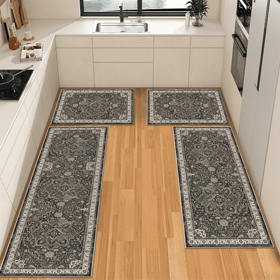 TECHVIDA Kitchen Rugs 4 Piece Set,Non Slip Machine Washable Kitchen Mats,Boho Vintage Abstract Kitchen Carpet for Farmhouse Living Room Hallway