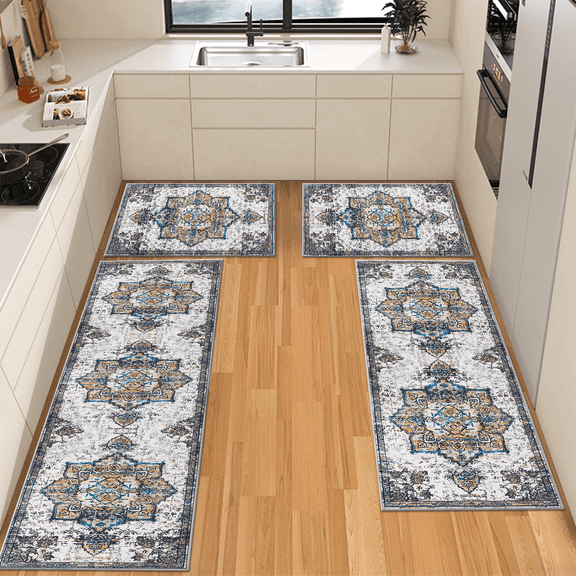 TECHVIDA Kitchen Rugs 4 Piece Set,Non Slip Machine Washable Kitchen Mats,Boho Vintage Abstract Kitchen Carpet for Farmhouse Living Room Hallway