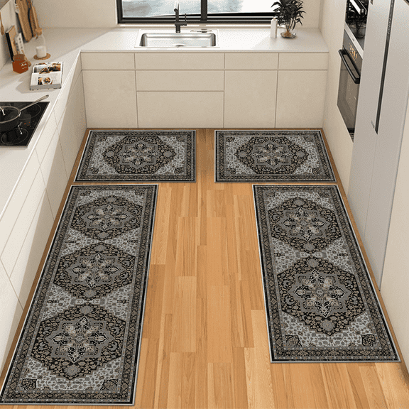 TECHVIDA Kitchen Rugs 4 Piece Set,Non Slip Machine Washable Kitchen Mats,Boho Vintage Abstract Kitchen Carpet for Farmhouse Living Room Hallway