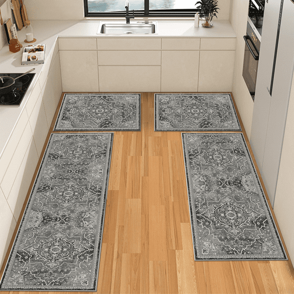 TECHVIDA Kitchen Rugs 4 Piece Set,Non Slip Machine Washable Kitchen Mats,Boho Vintage Abstract Kitchen Carpet for Farmhouse Living Room Hallway