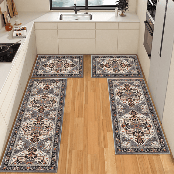 TECHVIDA Kitchen Rugs 4 Piece Set,Boho kitchen mats for floor, Non-Slip Machine Washable Rugs,Vintage Kitchen Mat for Hallway Laundry Room Sink