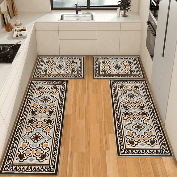 TECHVIDA Kitchen Rugs 4 Piece Set,Non Slip Machine Washable Kitchen Mats,Boho Vintage Abstract Kitchen Carpet for Farmhouse Living Room Hallway
