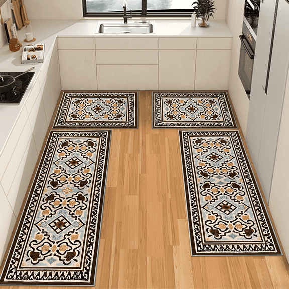 TECHVIDA Kitchen Rugs 4 Piece Set,Non Slip Machine Washable Kitchen Mats,Boho Vintage Abstract Kitchen Carpet for Farmhouse Living Room Hallway