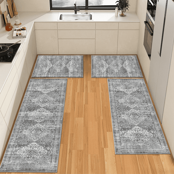 TECHVIDA Kitchen Rugs 4 Piece Set,Boho kitchen mats for floor, Non-Slip Machine Washable Rugs,Vintage Kitchen Mat for Hallway Laundry Room Sink