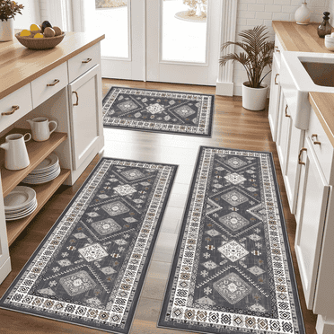 TECHVIDA Kitchen Rug Set 3 Piece,Non Slip Machine Washable Kitchen Mats,Farmhouse Hallway Doormat for Home Floor and Living Room,Gray