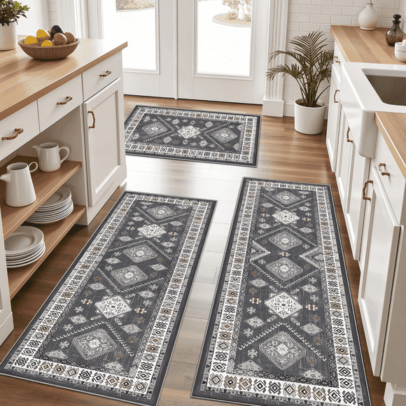 TECHVIDA Kitchen Rug Set 3 Piece,Non Slip Machine Washable Kitchen Mats,Farmhouse Hallway Doormat for Home Floor and Living Room,Gray