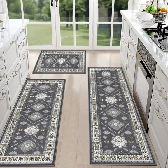 TECHVIDA Kitchen Rug Set 3 Piece,Non Slip Machine Washable Kitchen Mats,Farmhouse Hallway Doormat for Home Floor and Living Room,Gray