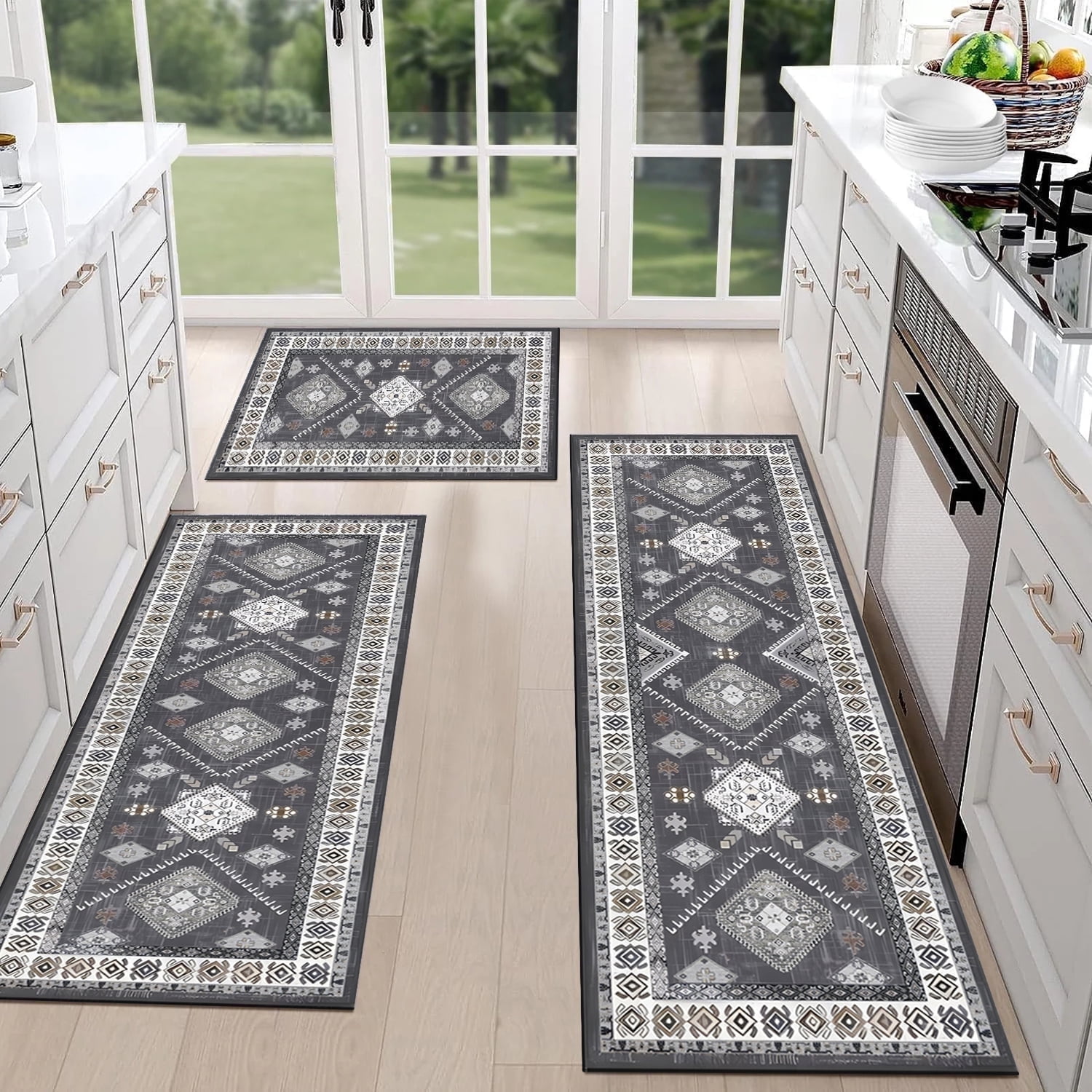 TECHVIDA Kitchen Rug Set 3 Piece,Non Slip Machine Washable Kitchen Mats, Farmhouse Hallway Doormat for Home Floor and Living Room,Gray